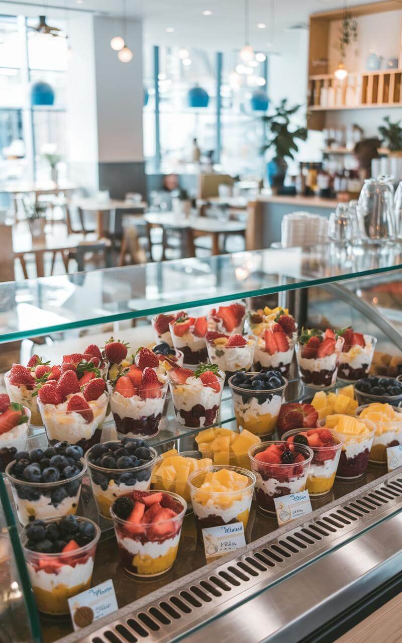 Display of cafe counter showcasing cottage cheese bowls garnished with various fresh fruits.