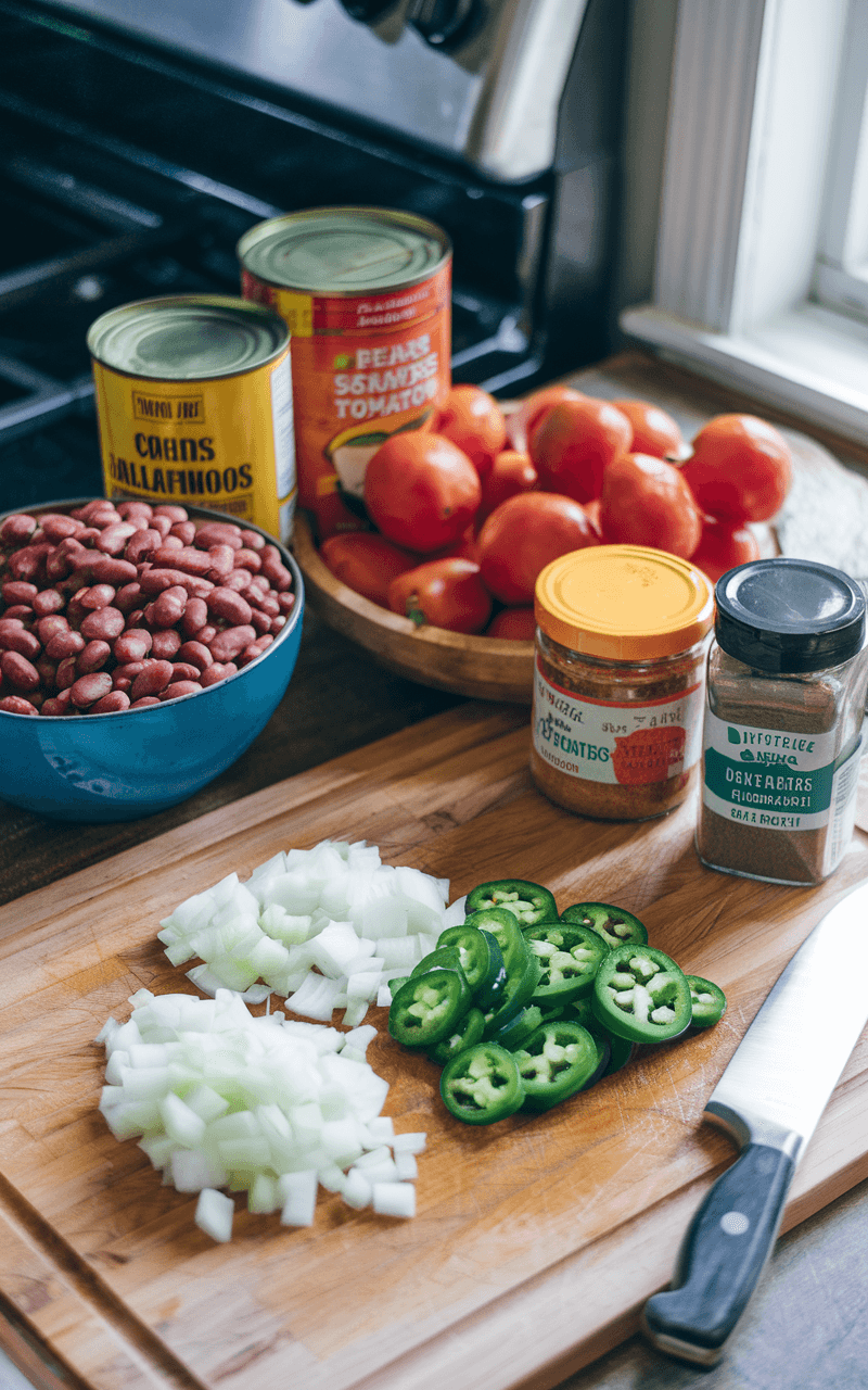 An assortment of canned beans, tomatoes, and spices surrounding a cutting board with freshly chopped onions and jalapenos.
