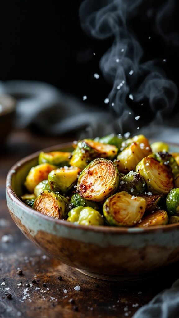 Perfect Roasted Brussels Sprouts 9 Steam rising from caramelized brussels sprouts with sea salt and pepper in a rustic ceramic bowl