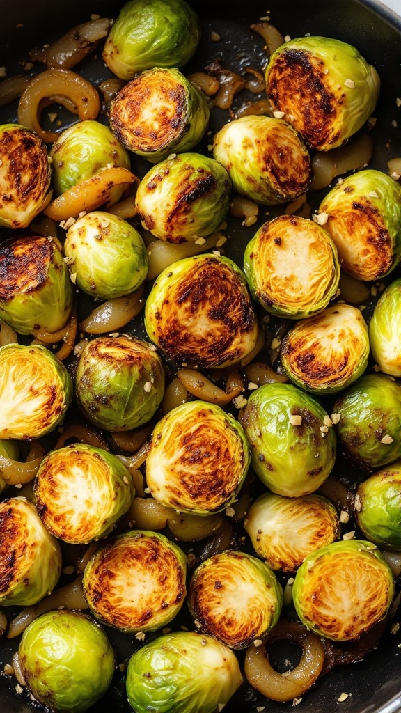 Brussels Sprout Hash 6 Brussels sprouts caramelizing in a skillet with sautéed onions and caraway seeds