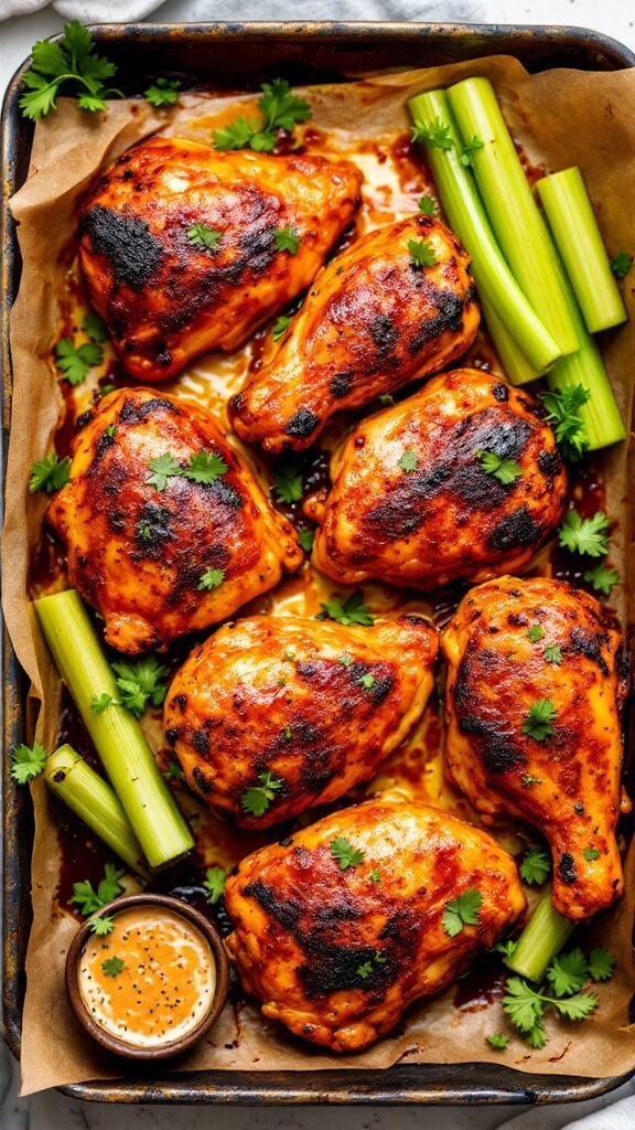 Crispy Buffalo Chicken Thighs (Oven-Baked &Amp; Foolproof) 8 Caramelized buffalo chicken thighs with charred edges on a rustic platter, surrounded by fresh celery stalks