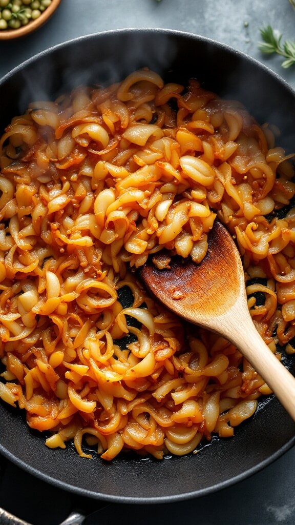 Mushroom Wellington Recipe: A Showstopping Vegetarian Main 4 Overhead view of caramelized onions in a cast iron skillet, stirred with a wooden spoon