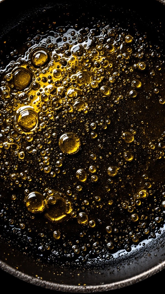 Brussels Sprout Hash 4 Overhead view of a heated cast iron skillet with shimmering olive oil on a dark background
