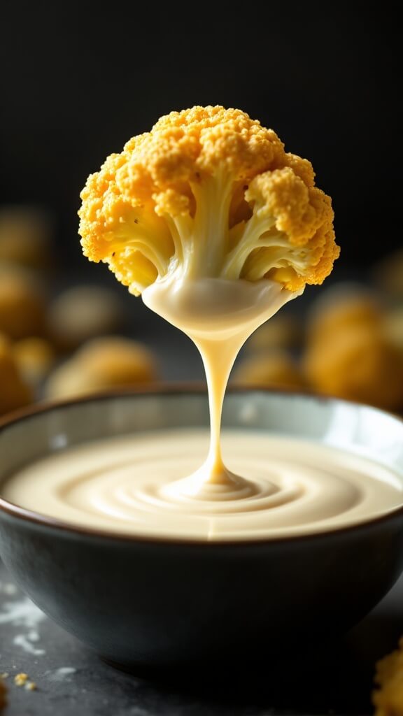 Crispy Cauliflower Wings (Vegan &Amp; Air Fryer/Oven Options) 5 Cauliflower floret being dipped in batter, batter dripping off in dramatic lighting