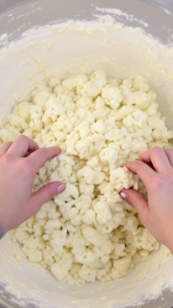 Hands mixing chopped cauliflower into cheese mixture in a large bowl