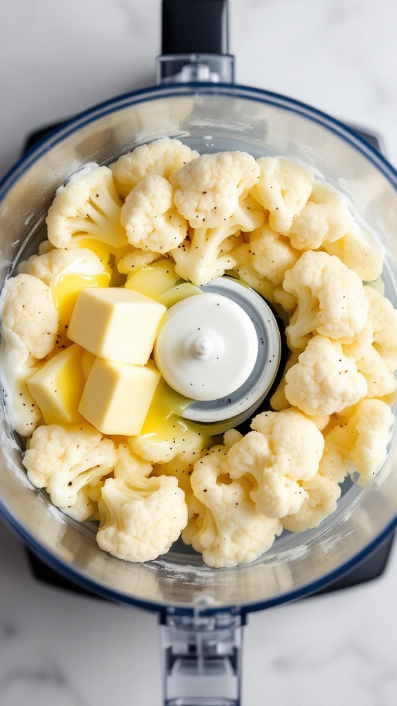 Food processor blending steamed cauliflower with melting butter, sour cream, and black pepper for a creamy puree