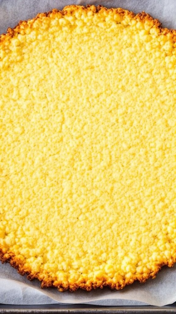 Crispy Cauliflower Pizza Crust (Keto &Amp; Gluten-Free) 8 Baked golden-brown cauliflower crust with crispy edges on a dark baking sheet with parchment paper