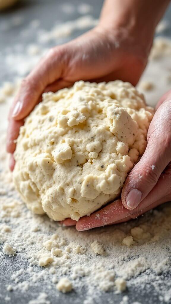 Hands kneading cauliflower dough on floured surface
