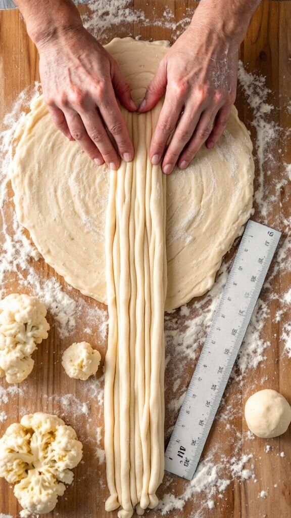 Hands rolling cauliflower dough into 1-inch thick ropes on floured wooden surface with ruler and additional dough balls nearby