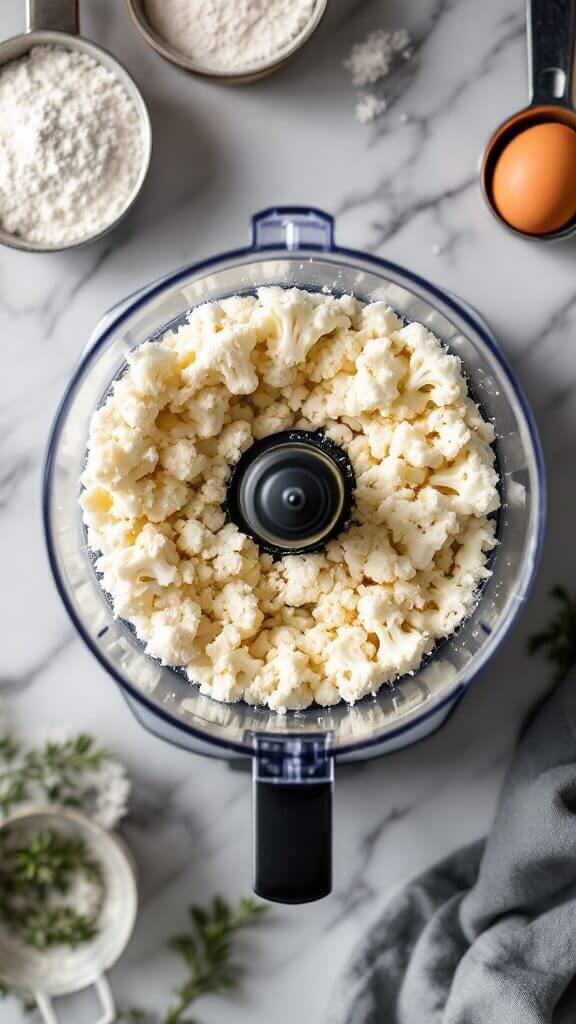 Overhead view of processed cauliflower in food processor, with flour in measuring cups and a fresh egg on marble countertop
