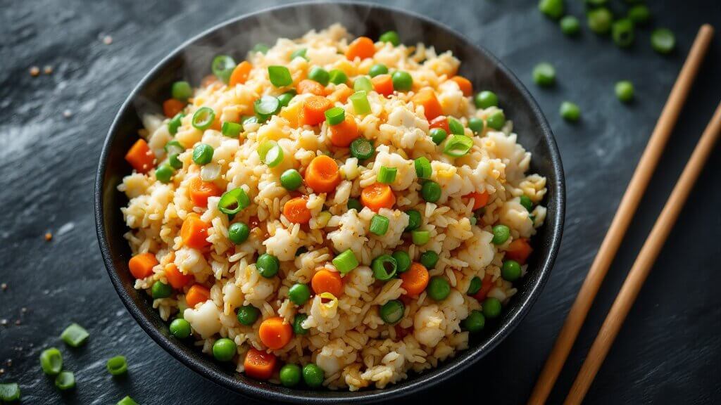 Perfect Cauliflower Fried Rice (Low-Carb, Ready In 25 Minutes) 2 "overhead shot of a steamy bowl of cauliflower fried rice with colorful diced carrots, green peas, scrambled eggs, and green onions on a dark matte surface, embellished with drops of soy sauce and sesame oil, and accompanied by wooden chopsticks. "