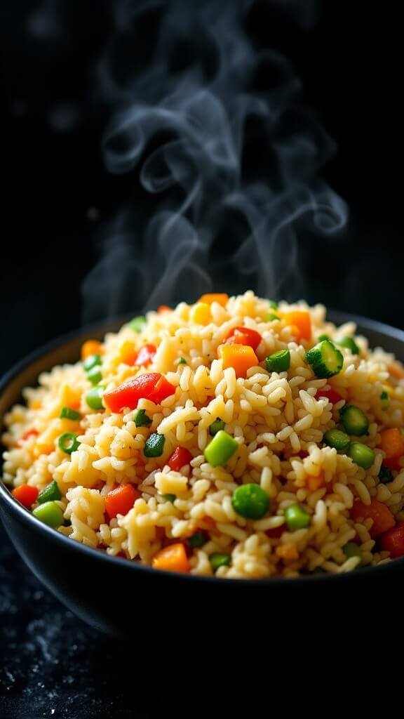 Perfect Cauliflower Fried Rice (Low-Carb, Ready In 25 Minutes) 9 Steaming cauliflower fried rice in a black bowl with distinctive grains and assorted colorful vegetables taken from a 45-degree angle