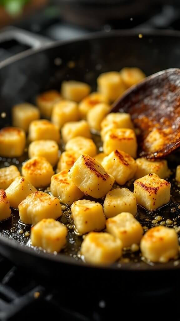 Cauliflower gnocchi flipping mid-air in a sizzling cast iron skillet with olive oil, showing both cooked and raw sides