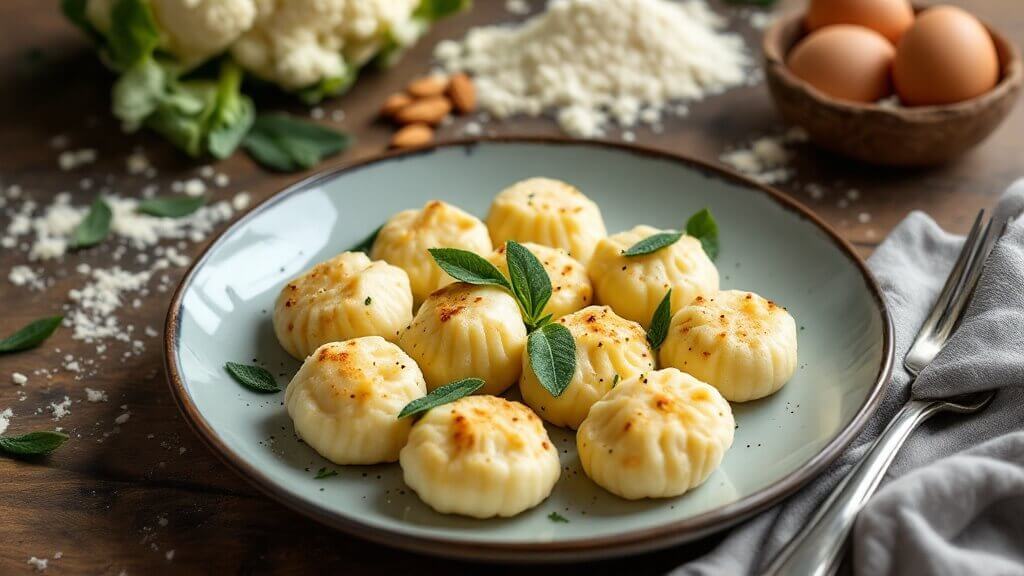 "golden-brown cauliflower gnocchi on a rustic wooden table, garnished with fresh sage leaves, surrounded by raw ingredients like cauliflower head, almond flour, and a fresh egg, steaming under natural lighting. "