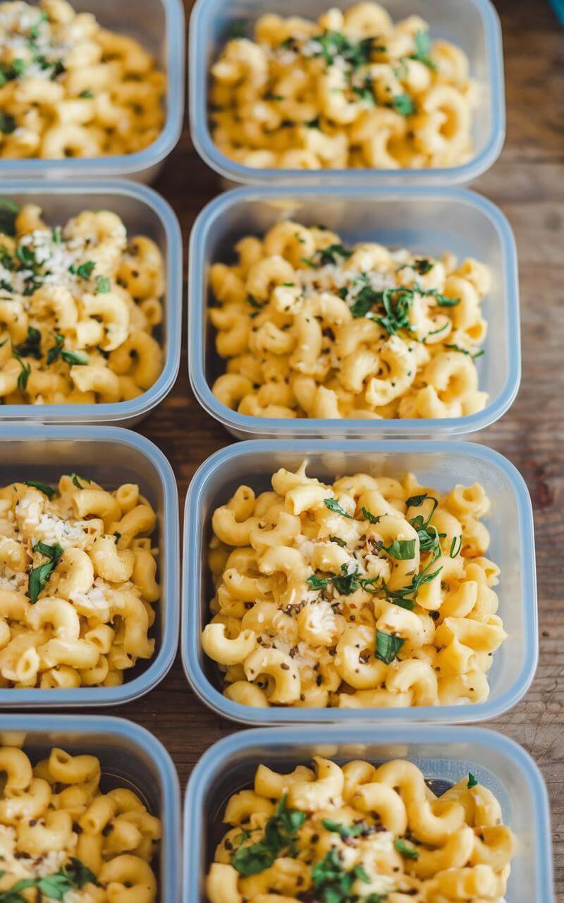 Cauliflower Mac And Cheese: A Low-Carb Comfort Food Revolution 8 Meal prep containers filled with creamy cauliflower mac and cheese, arranged neatly for a low-carb, make-ahead meal option