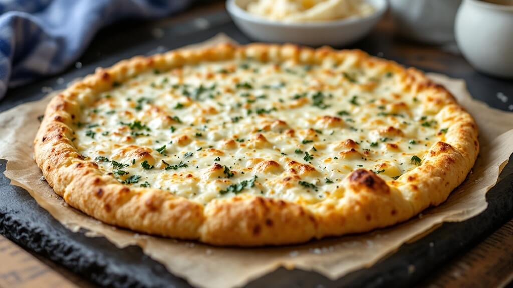 Crispy Cauliflower Pizza Crust (Keto &Amp; Gluten-Free) 2 "freshly baked homemade cauliflower pizza crust, golden-brown and crispy, on a dark stone baking surface with a ruler and cheesecloth in the background"