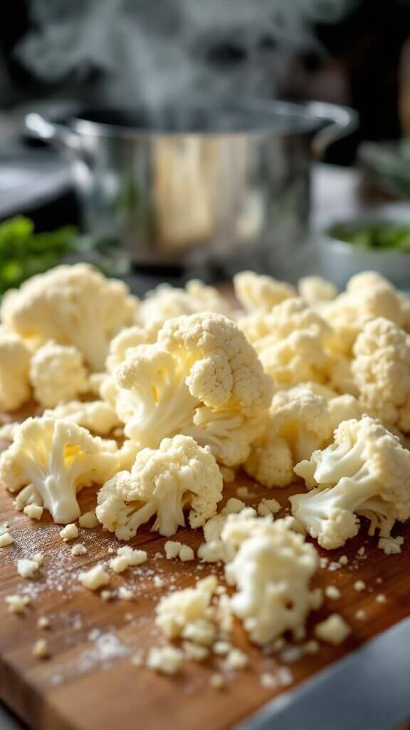 Fresh cauliflower florets being chopped on wooden board with boiling pot in background