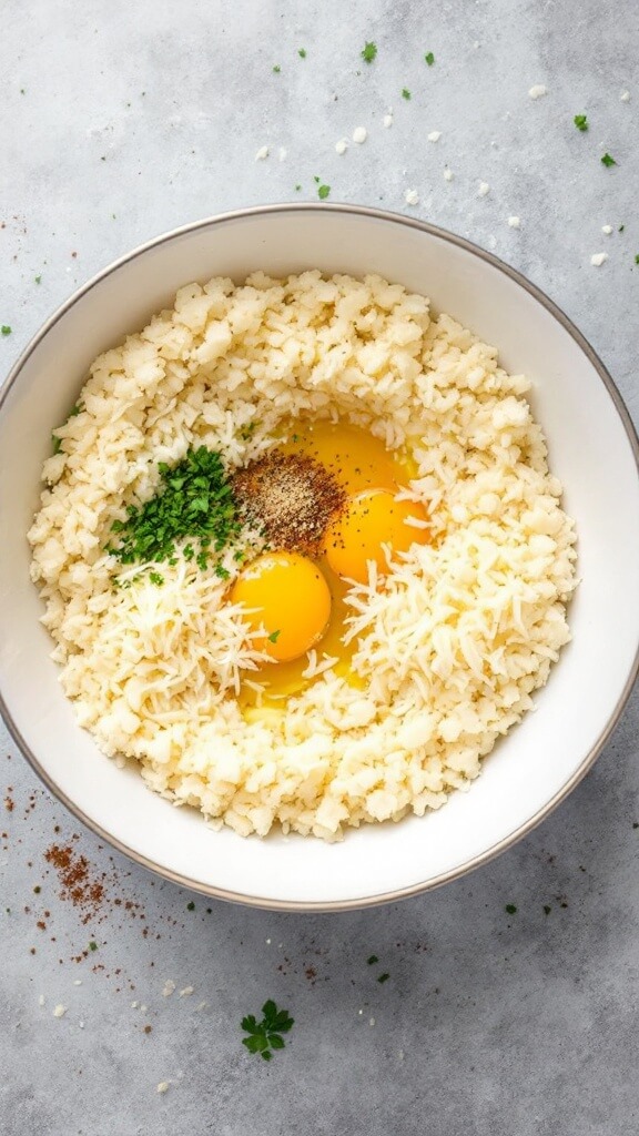 Crispy Cauliflower Pizza Crust (Keto &Amp; Gluten-Free) 6 Overhead view of a mixing bowl with squeezed cauliflower rice, egg, parmesan and mozzarella, surrounded by various herbs and spices