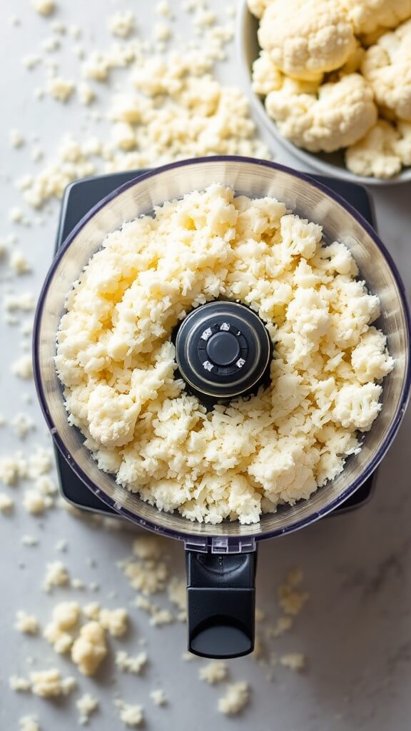 Perfect Cauliflower Fried Rice (Low-Carb, Ready In 25 Minutes) 3 Overhead view of cauliflower florets being processed into rice-sized pieces in a food processor, with scattered processed cauliflower rice around the bowl