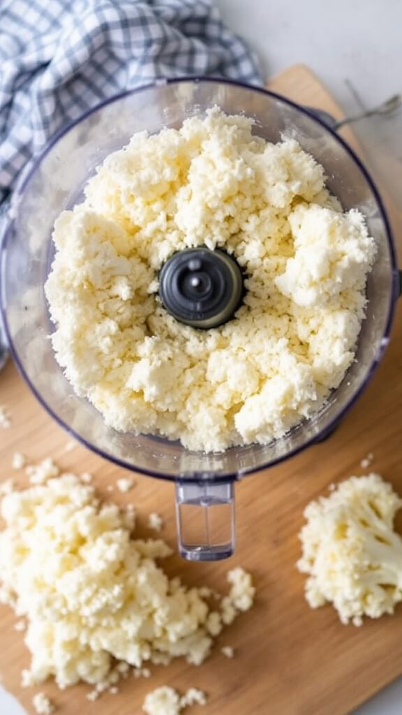 Food processor grinding fresh cauliflower into rice-like texture with some processed cauliflower on a wooden board