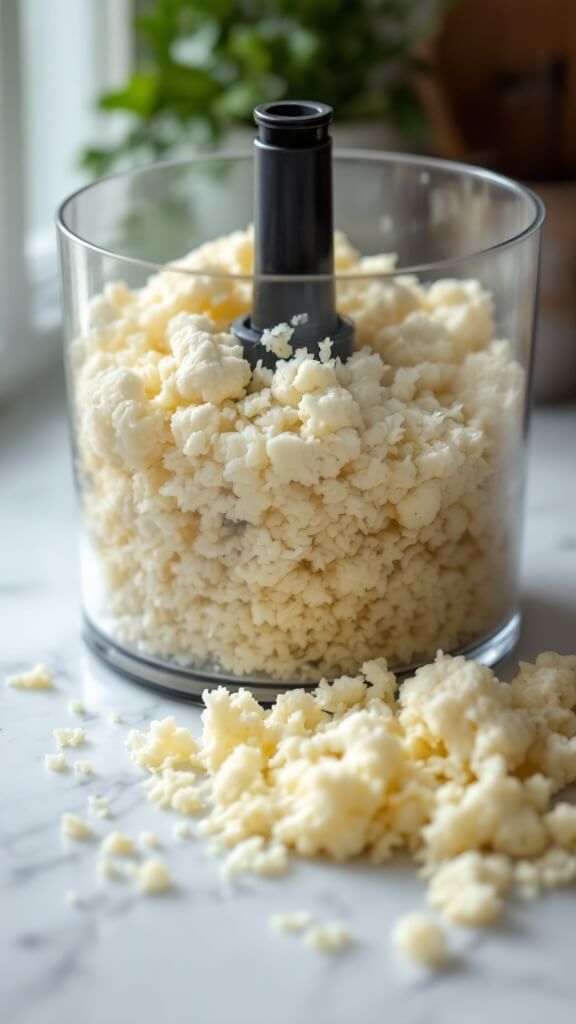 Cauliflower being chopped into rice-sized pieces in food processor on marble countertop, with both processed and unprocessed portions visible