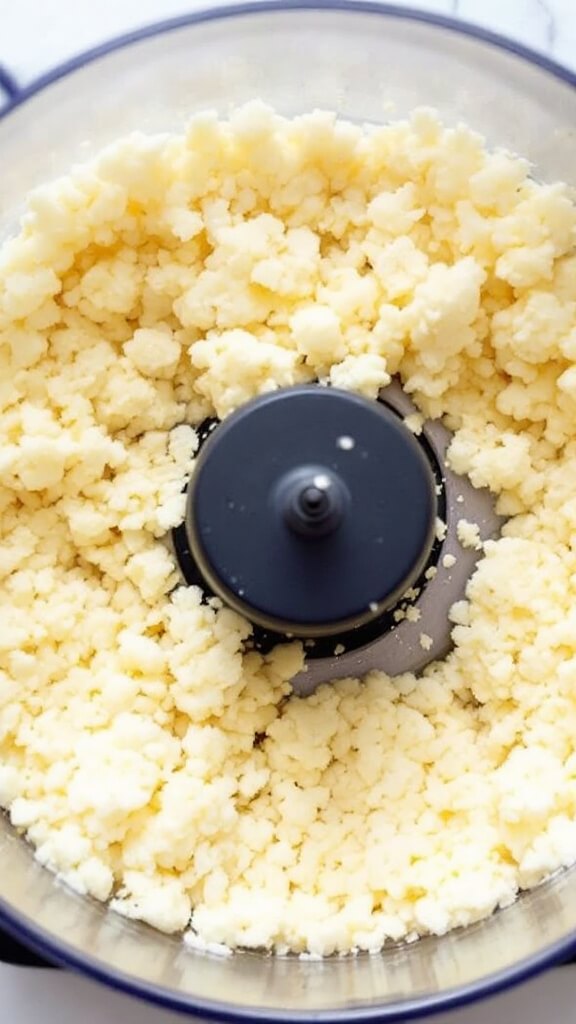 Overhead view of a food processor bowl filled with finely chopped cauliflower reduced to rice-sized bits, displaying texture variation with some larger pieces.