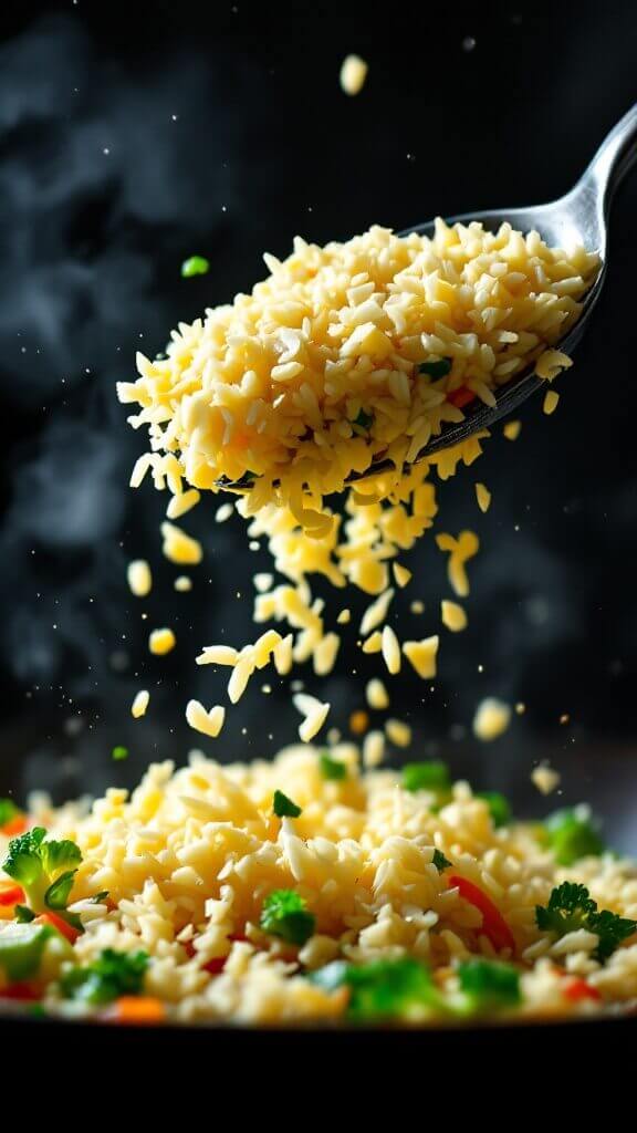 Perfect Cauliflower Fried Rice (Low-Carb, Ready In 25 Minutes) 6 Riced cauliflower hitting a hot wok filled with sautéed vegetables, with visible steam and sizzle