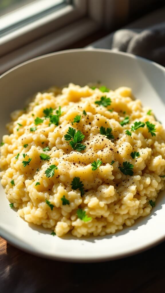 Cauliflower risotto in a white bowl garnished with parsley, parmesan, and black pepper, under natural window light