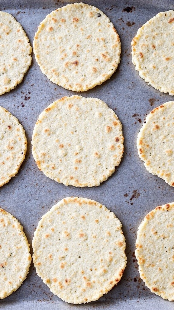 Freshly baked cauliflower tortillas with crispy edges and slight surface browning on a baking sheet