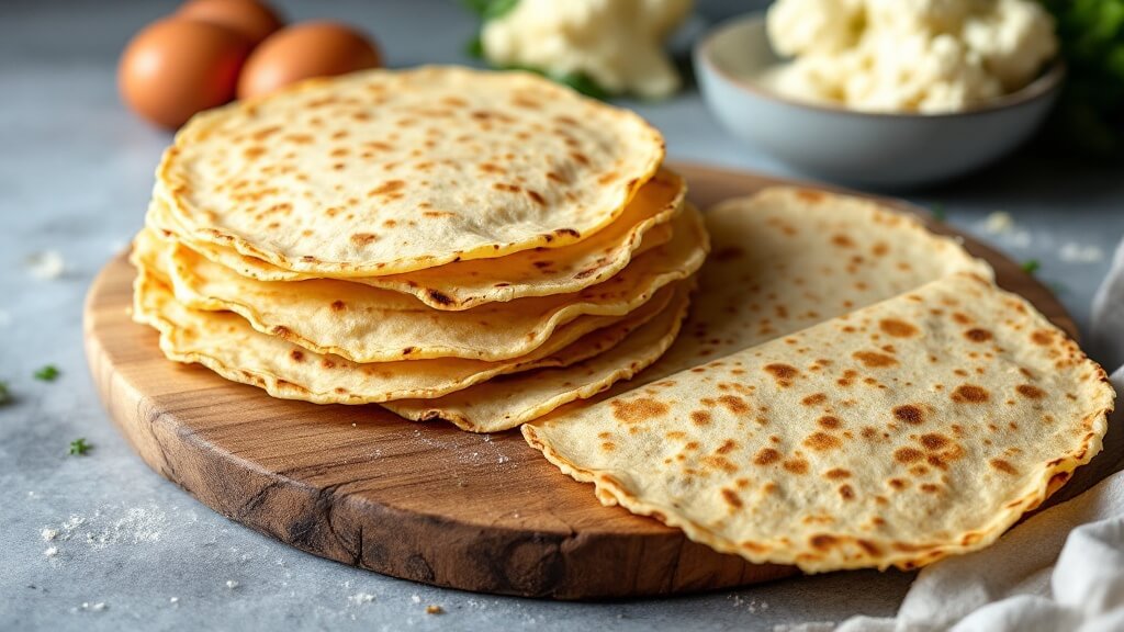 "golden-brown cauliflower tortillas on a rustic wooden board, with fresh cauliflower florets and cooking ingredients in the background"