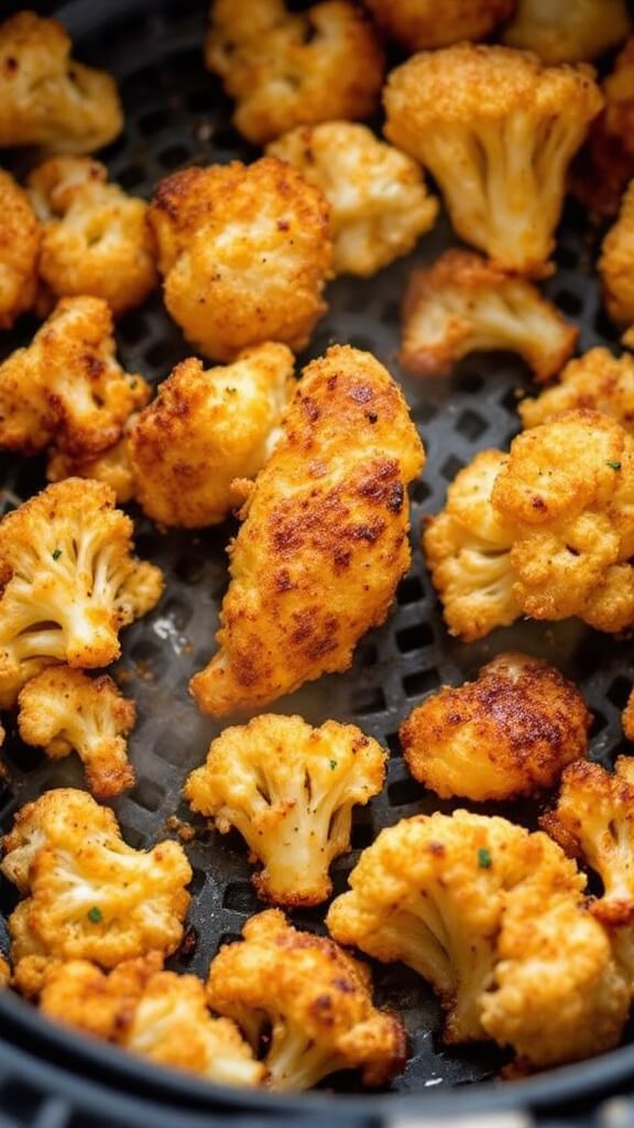 Crispy Cauliflower Wings (Vegan &Amp; Air Fryer/Oven Options) 7 Golden-brown cauliflower wings flipping in air fryer, one side crisped and the other side cooking, with steam rising