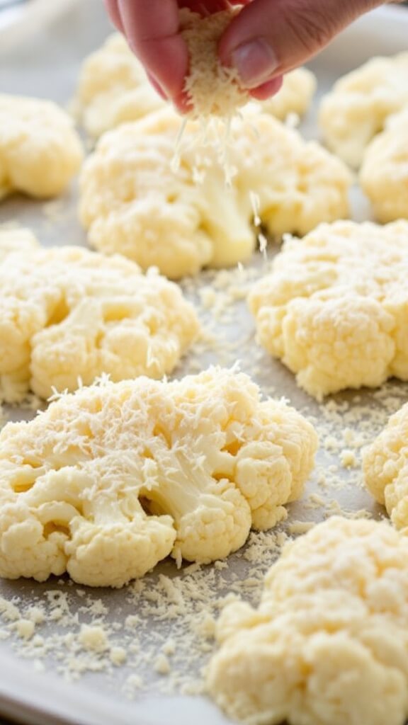 Raw cauliflower steaks on a baking sheet being topped with freshly grated parmesan cheese