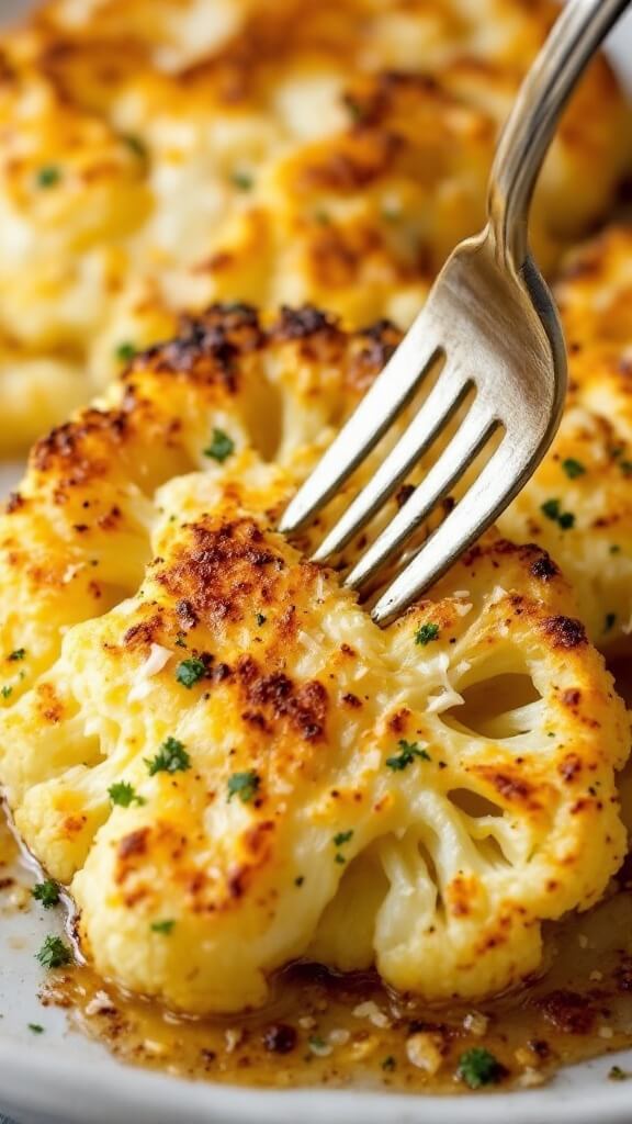 Close-up image of golden-brown roasted cauliflower steaks with crispy edges, crusty melted parmesan and a fork piercing the tender center
