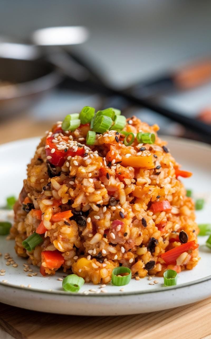 Stir-fried cauliflower rice with sesame seeds and chopped green onions.