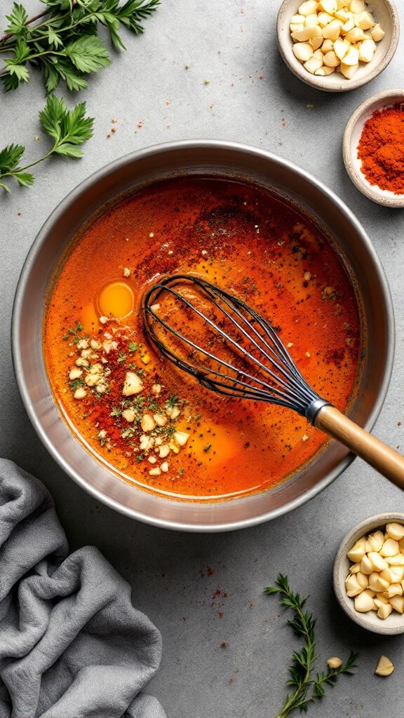 Overhead shot of mixing bowl with orange-red seasoning, olive oil, and minced garlic being whisked, surrounded by small bowls of paprika, garlic, and herbs.