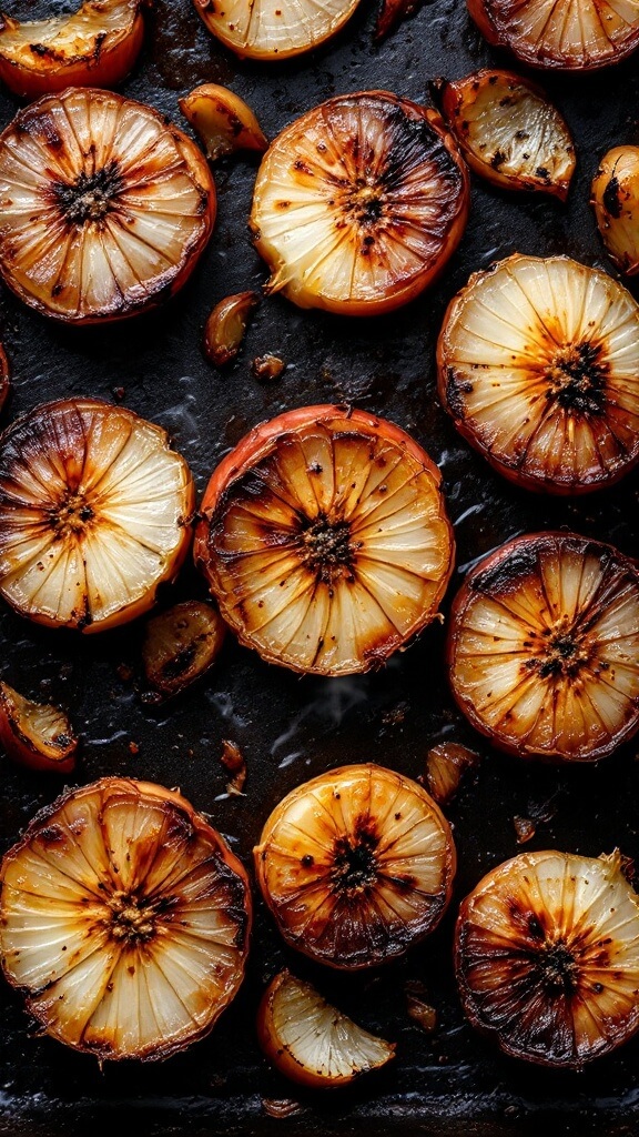 Charred halved onions and thick ginger slices on a dark roasting pan with caramelization and char marks, steam rising