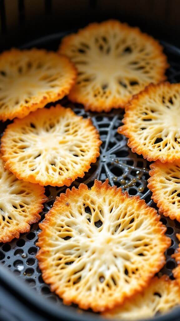Crispy Cheese Crisps (4 Easy Methods) - Ready In Minutes! 6 Cheese crisps turning golden brown in an air fryer basket, showcasing intricate lacy patterns formed by the melting cheese