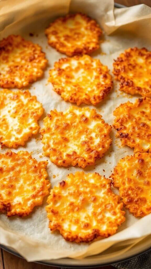 Crispy Cheese Crisps (4 Easy Methods) - Ready In Minutes! 5 Golden-brown, lacy cheese crisps mid-process on a microwave-safe plate lined with parchment paper, with edges starting to brown and centers bubbling