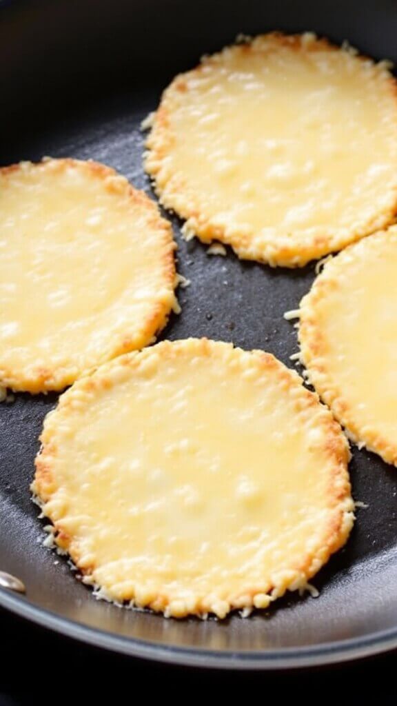 Crispy Cheese Crisps (4 Easy Methods) - Ready In Minutes! 7 Three cheese crisps browning and bubbling in a non-stick skillet, ready to flip