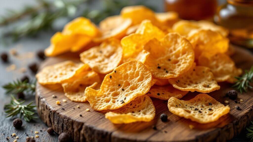 "golden-brown cheese crisps neatly arranged on a rustic wooden board, highlighted by warm, side lighting, with scattered rosemary, thyme, and cracked black pepper. "