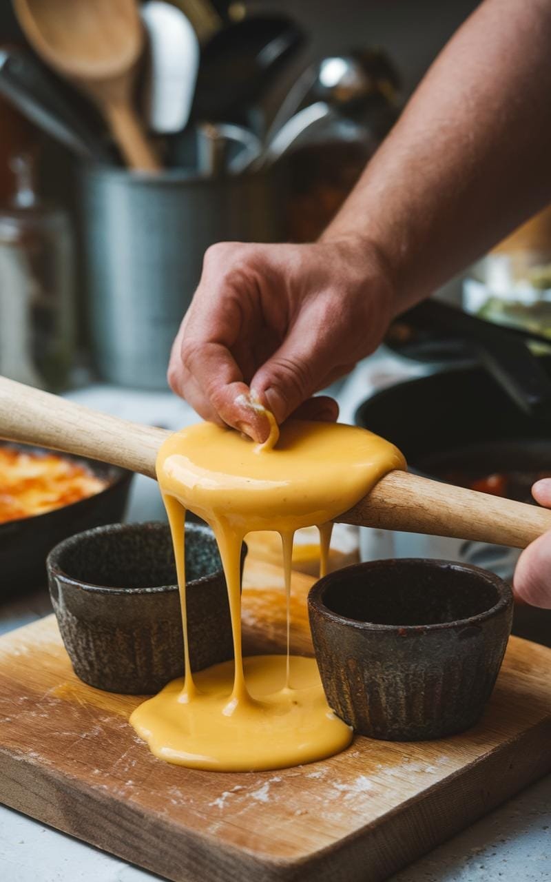 Cheese being shaped and spread over a spoon.