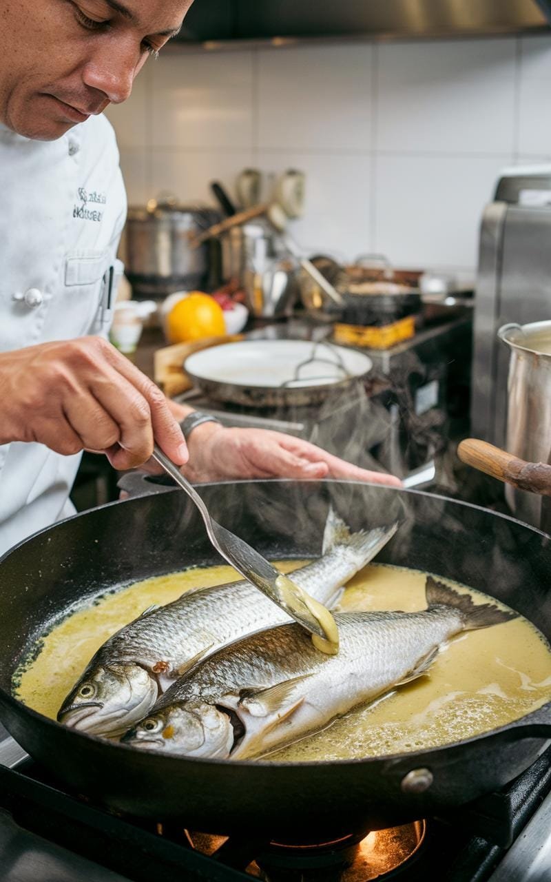 A chef expertly spooning butter sauce over fish in a large skillet, with steam billowing up from the cooking process.