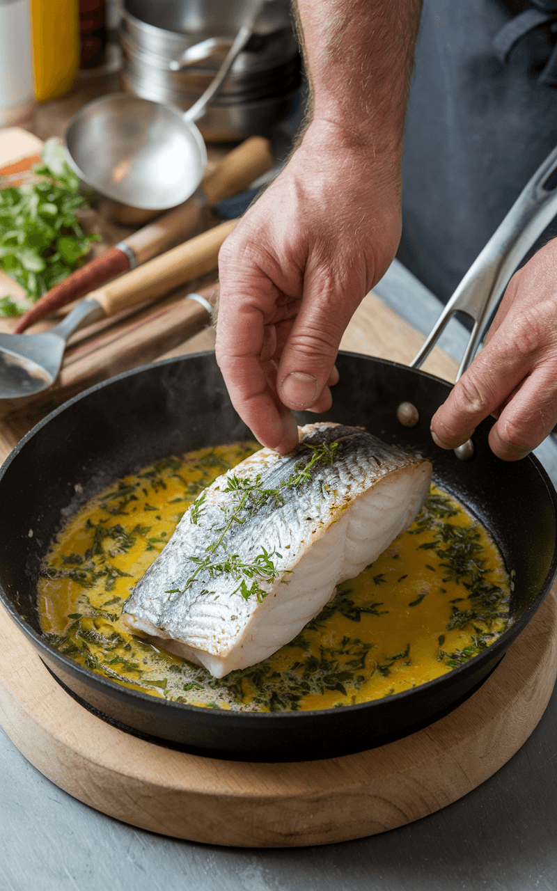 Chef's hands placing a seasoned fish fillet into a skillet filled with simmering herbed butter sauce.