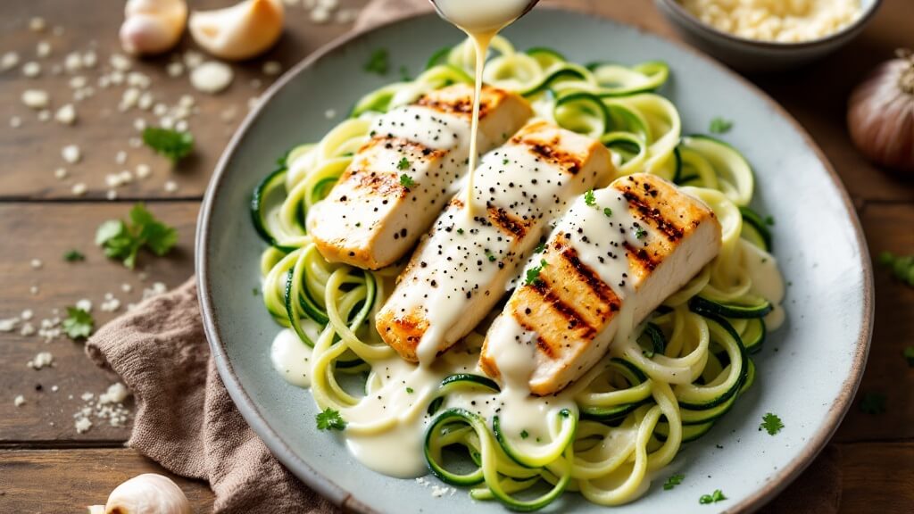"steaming plate of grilled chicken slices on zucchini noodles with alfredo sauce, garnished with parmesan, black pepper, and parsley, on a wooden table with extra cheese and garlic cloves on the side. "