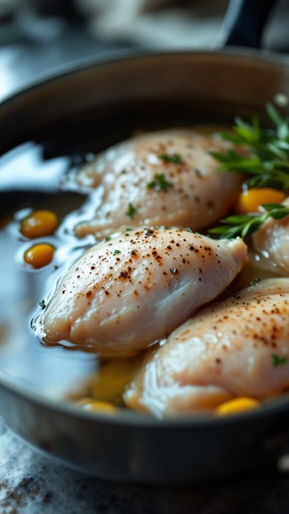 Perfect Poached Chicken Breasts 4 Pan with chicken breasts and aromatics covered in clear water, showing delicate surface reflections