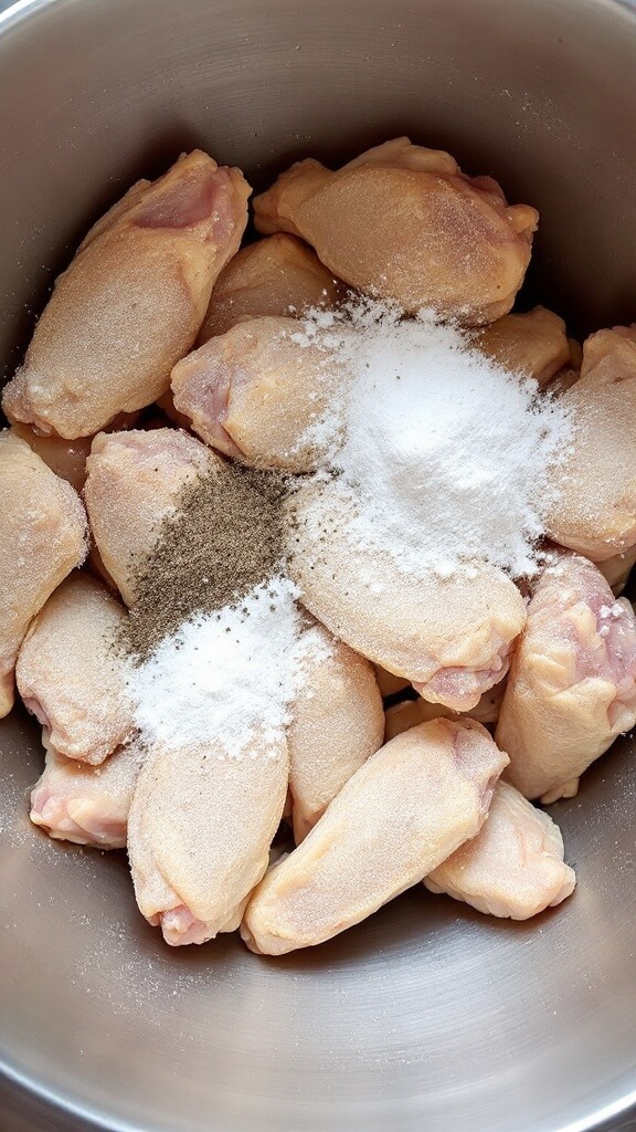 Crispy Keto Buffalo Wings (3 Ways) 4 Chicken wings being coated in baking powder, salt, and pepper mix in a large stainless steel bowl