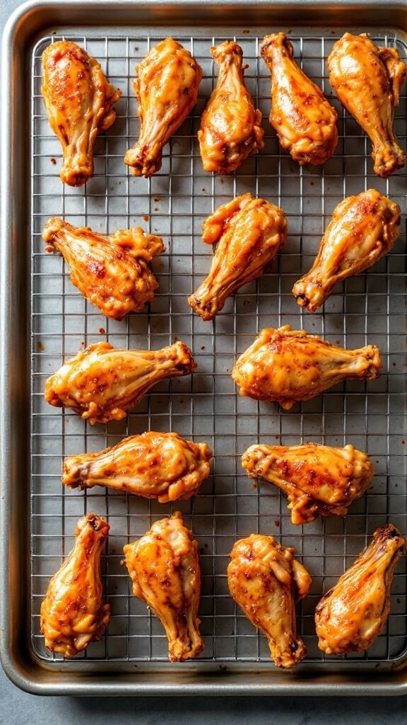 Crispy Keto Buffalo Wings (3 Ways) 5 Chicken wings arranged evenly on a wire rack over a silver baking sheet for professional food photography