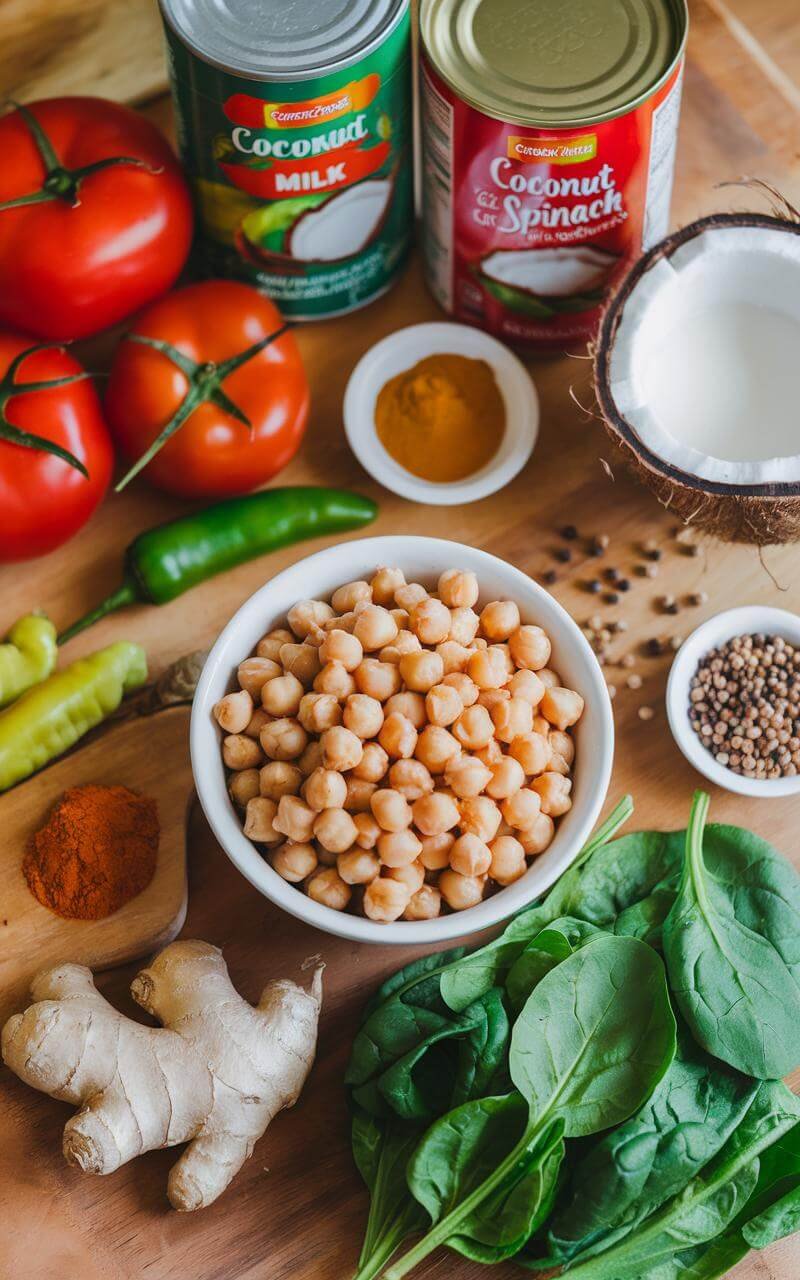 Chickpea Curry: A Quick, Creamy, And Comforting One-Pot Wonder 3 A vibrant display featuring canned tomatoes, coconut milk, fresh spinach, a bowl of chickpeas, and an assortment of spices arranged on a kitchen surface.