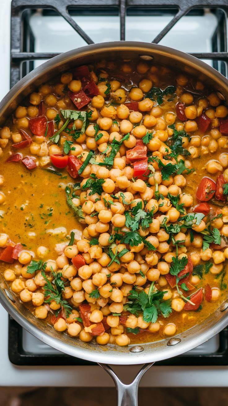 Chickpea Curry: A Quick, Creamy, And Comforting One-Pot Wonder 6 Overhead view of a skillet with bright yellow chickpea curry bubbling on a stovetop.
