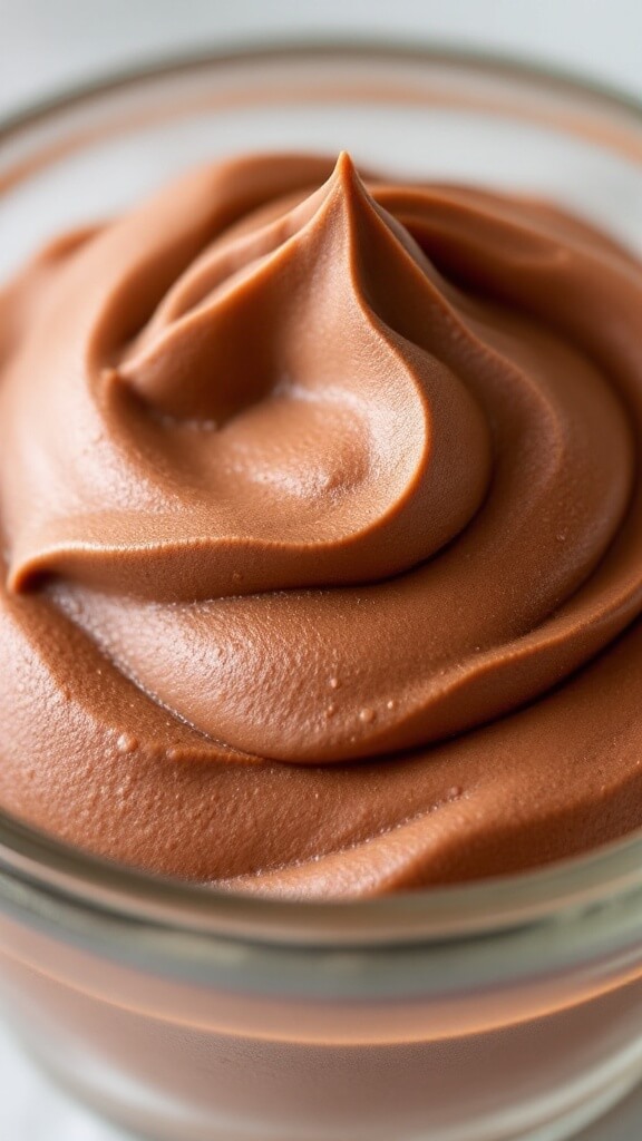 Close-up image of a chilled chocolate mousse in a clear glass bowl, showcasing its firm texture and slight condensation